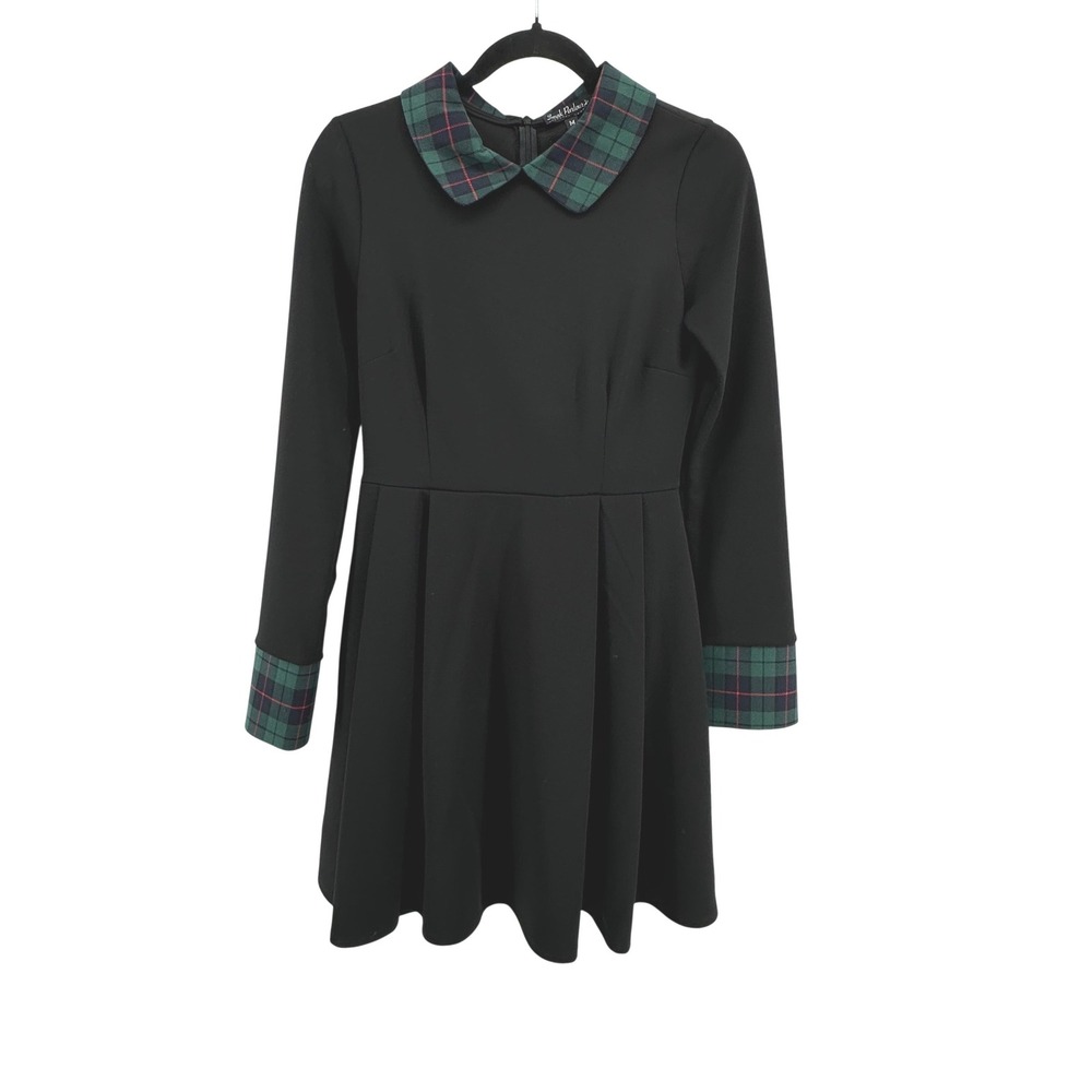 Smak‎ Parlour Black Pleated Dress Tartan Collar Cuffs Punk Retro Goth Size M